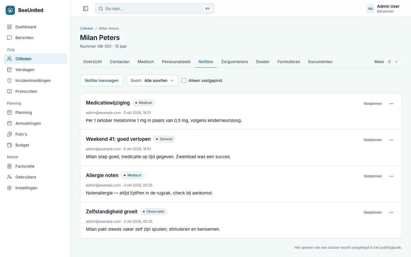 BeeUnited cliëntendossier, tabblad Notities met verslagen en een medicatiewijziging