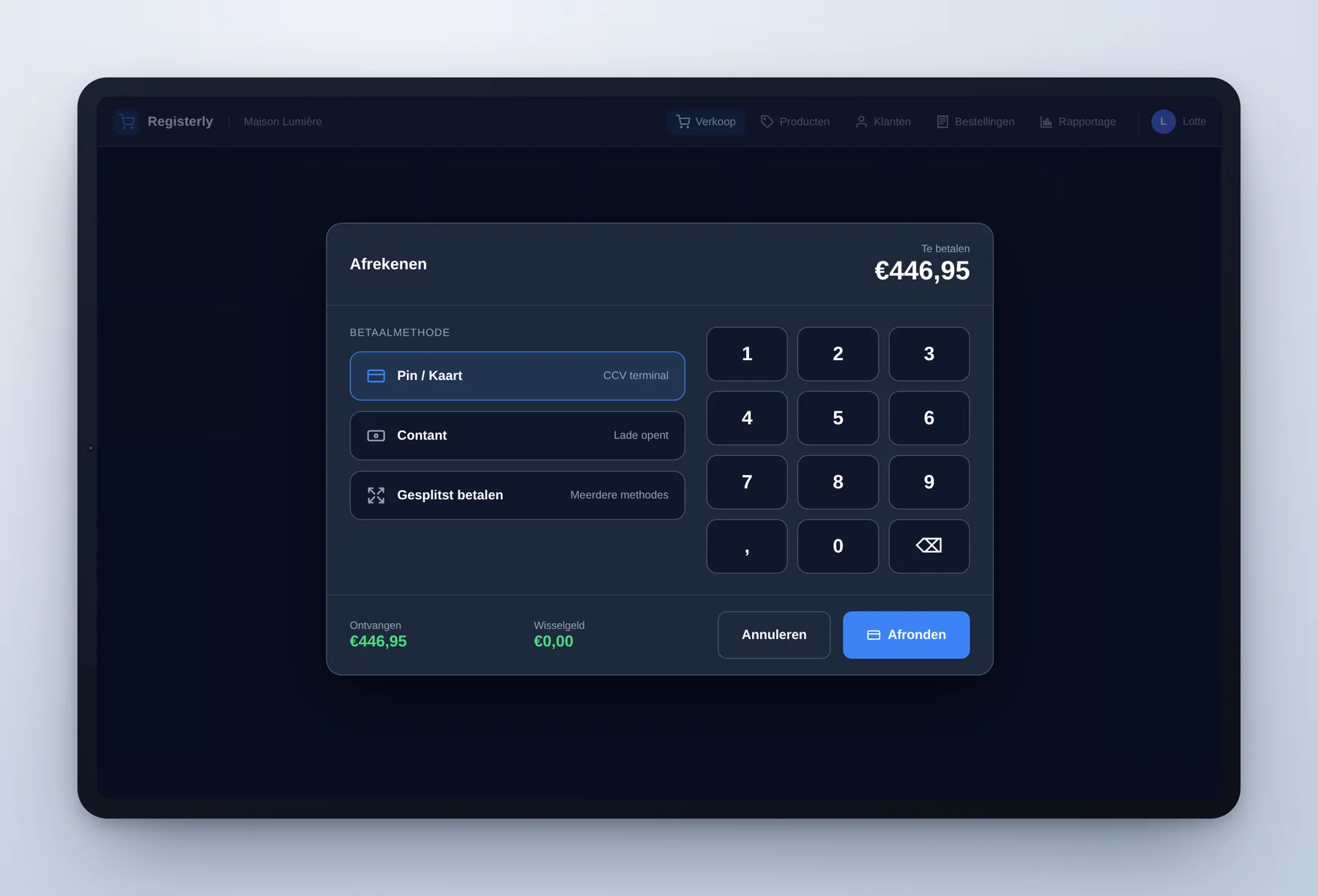Registerly betaalscherm op een tablet